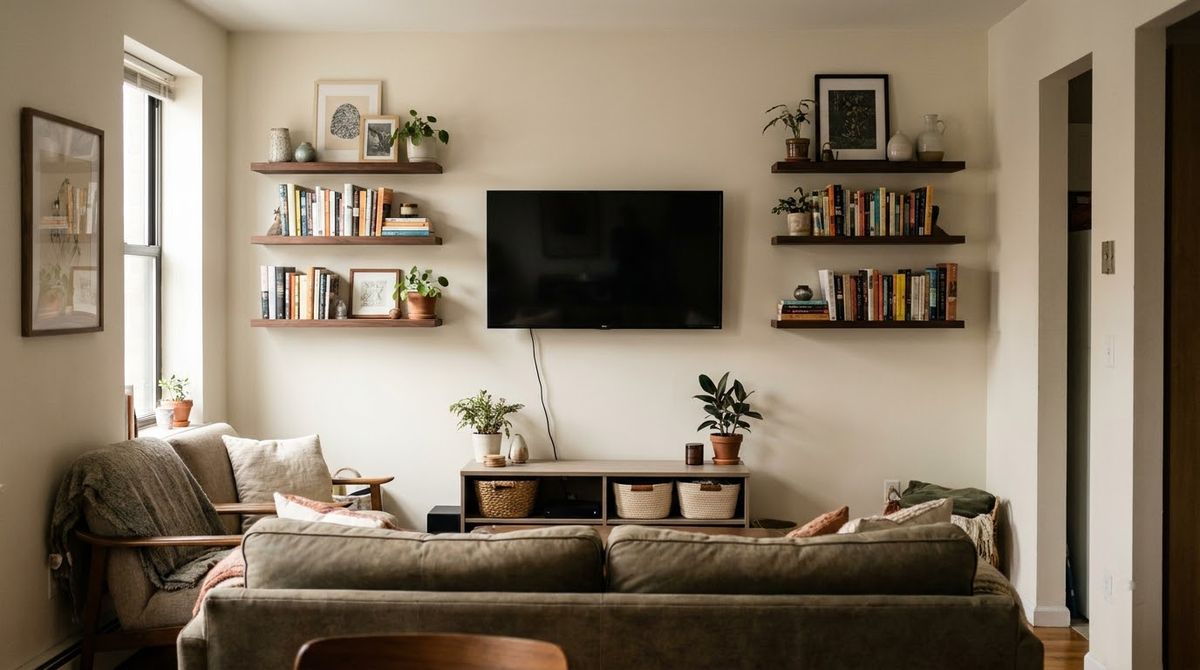 Slim Shelves on Both Sides idea for small living room ideas with tv