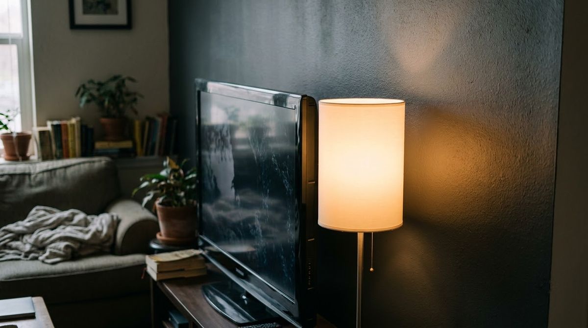 A Floor Uplighter Beside the Screen idea for small living room ideas with tv