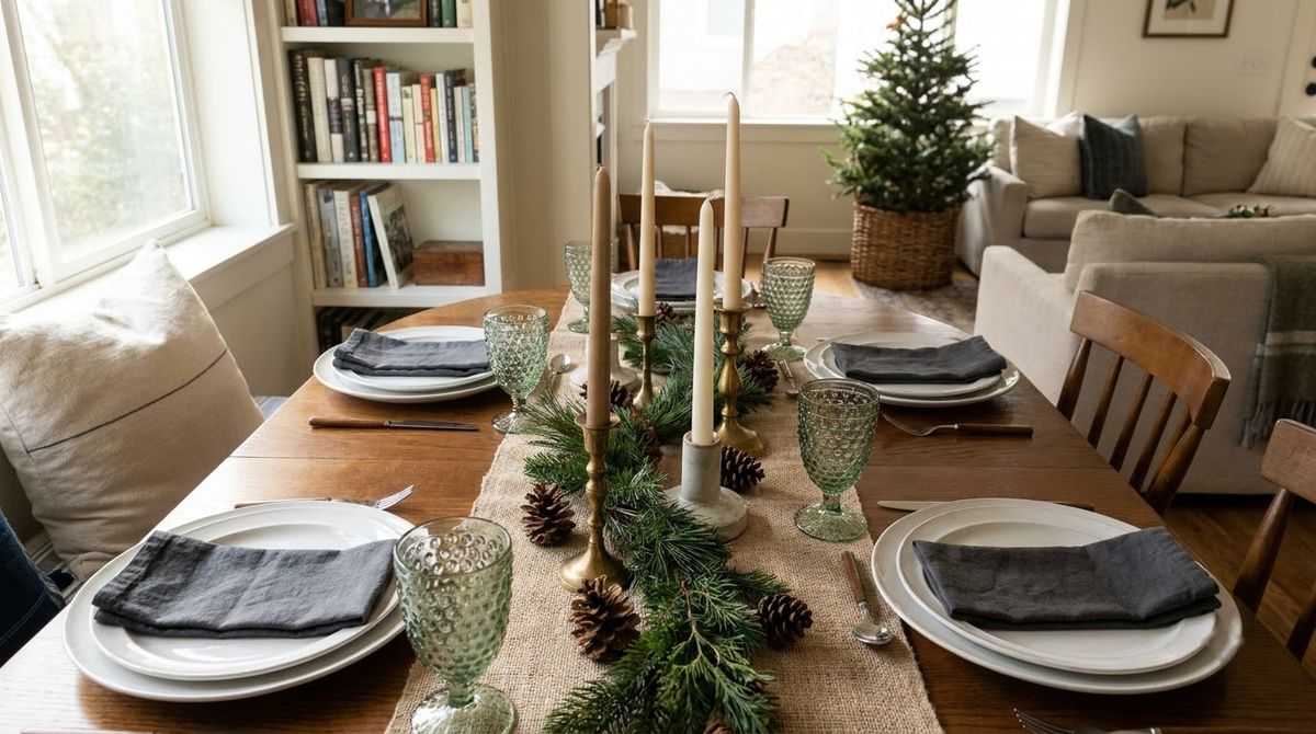 Dark Napkins Folded Onto Each Plate idea for table winter decor in a small rental Dark Napkins Folded Onto Each Plate idea for table winter decor in a small rental