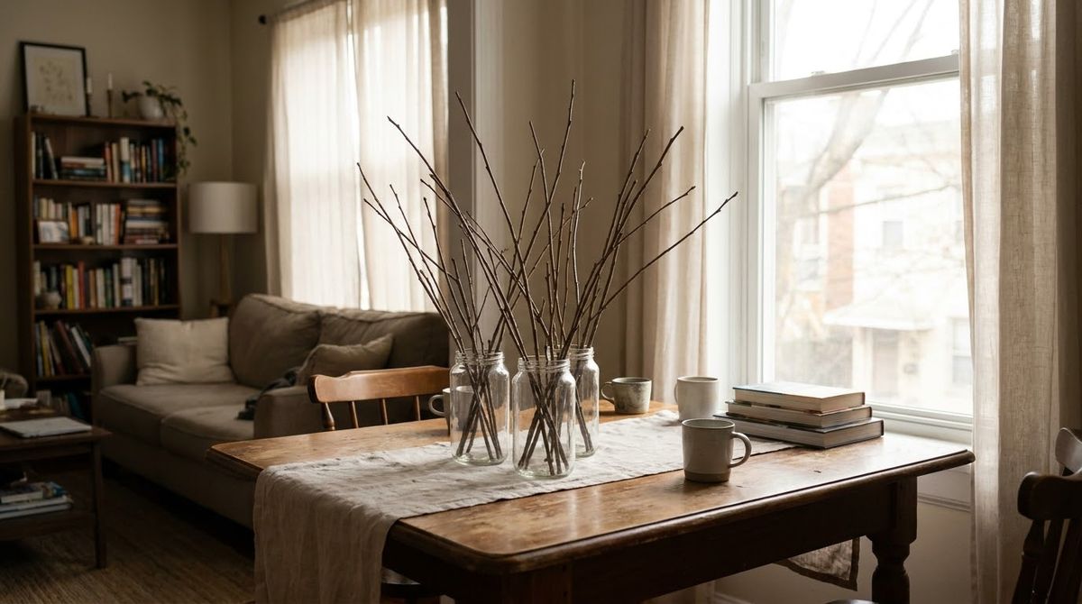 Bare Branches in Clear Jars idea for table winter decor in a small rental Bare Branches in Clear Jars idea for table winter decor in a small rental