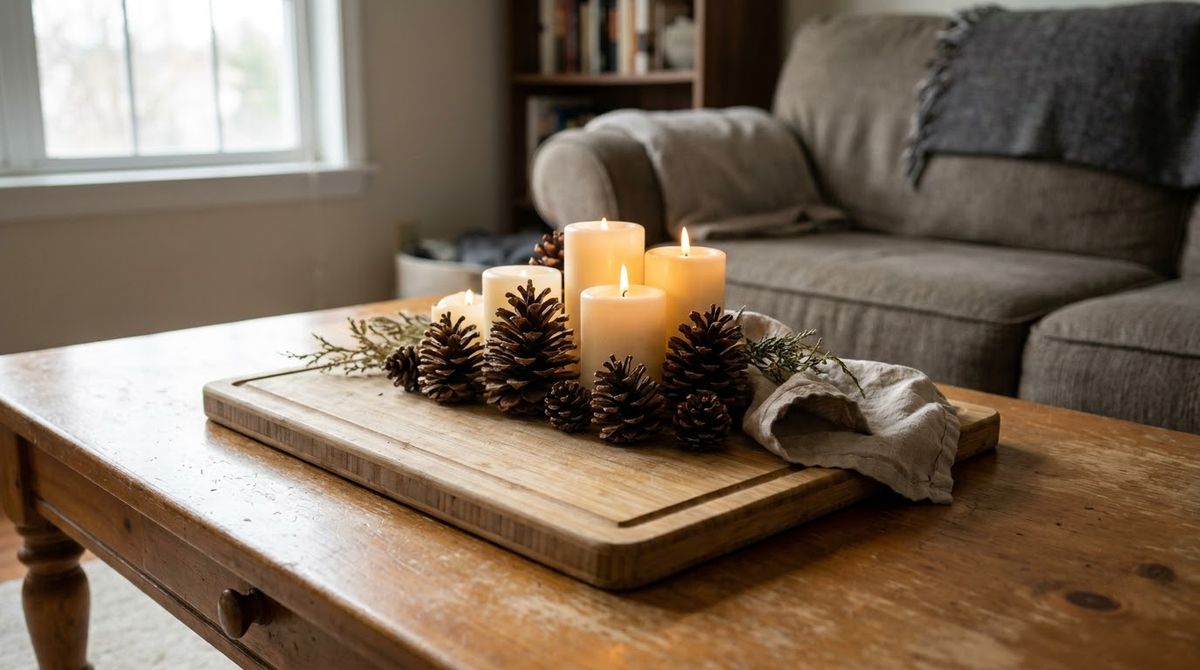Pinecones and Candles on a Cutting Board idea for table winter decor in a small rental Pinecones and Candles on a Cutting Board idea for table winter decor in a small rental