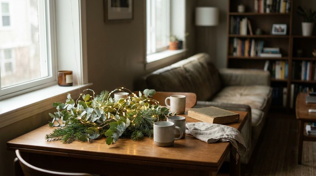 A Battery String Light Tucked Into Greens idea for table winter decor in a small rental A Battery String Light Tucked Into Greens idea for table winter decor in a small rental