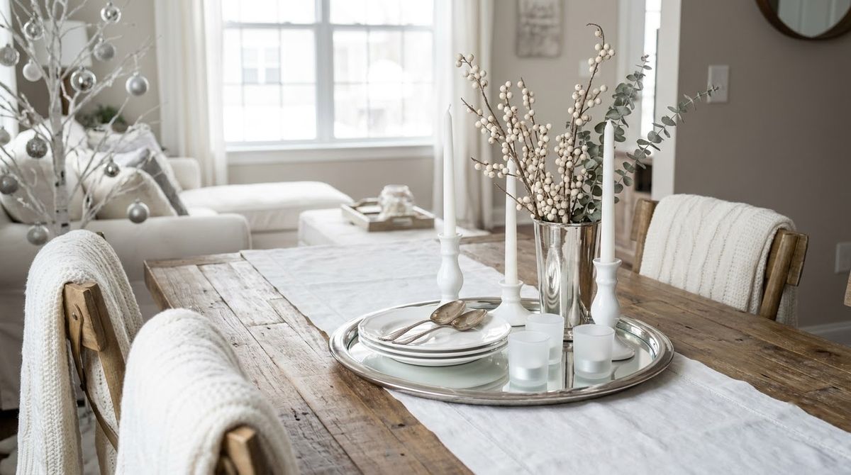A White-and-Silver Palette idea for table winter decor in a small rental A White-and-Silver Palette idea for table winter decor in a small rental