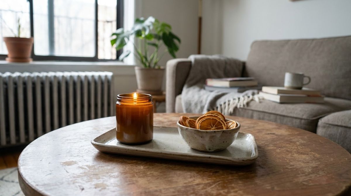 A Coffee Table Mini Vignette idea for table winter decor in a small rental A Coffee Table Mini Vignette idea for table winter decor in a small rental
