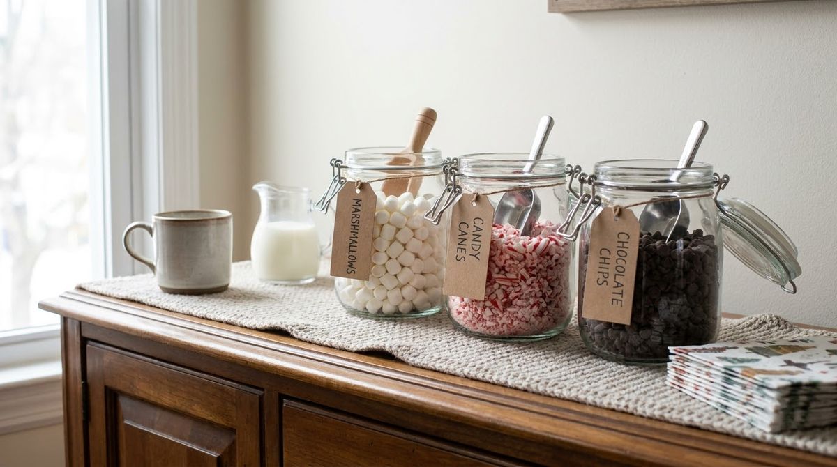 A Hot Chocolate Bar With Labeled Jars idea for christmas decor for christmas party
