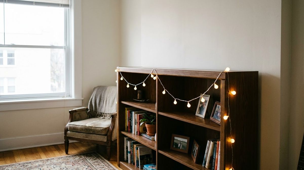 A Battery String Light Along the Shelf Edge idea for christmas decor for christmas party