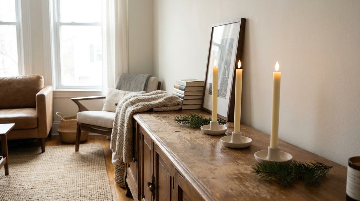 LED Tapers in a Row on the Mantel or idea for christmas decor for christmas party