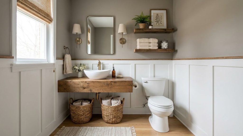 Small half bathroom ideas styled for a small apartment or rental home