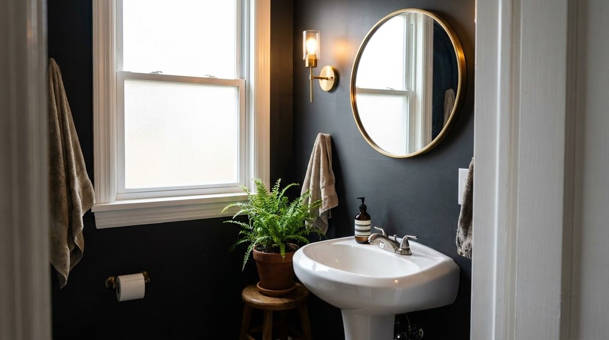 Half bathroom painted one deep charcoal color including the ceiling