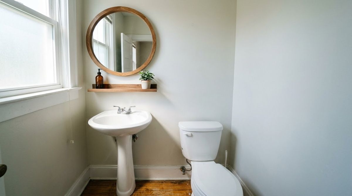Powder room mirror with a built-in shelf above a small pedestal sink