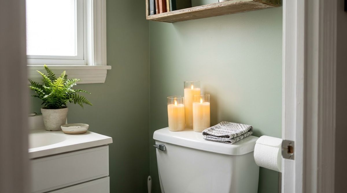 Flameless Candles on the Tank idea for small half bathroom ideas in a small rental