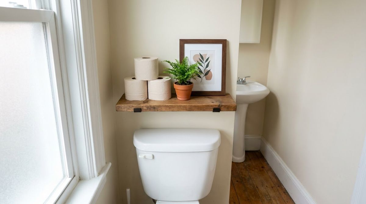 A Narrow Shelf Above the Tank idea for small half bathroom ideas in a small rental
