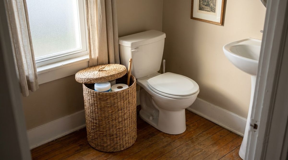 A Lidded Basket by the Toilet idea for small half bathroom ideas in a small rental