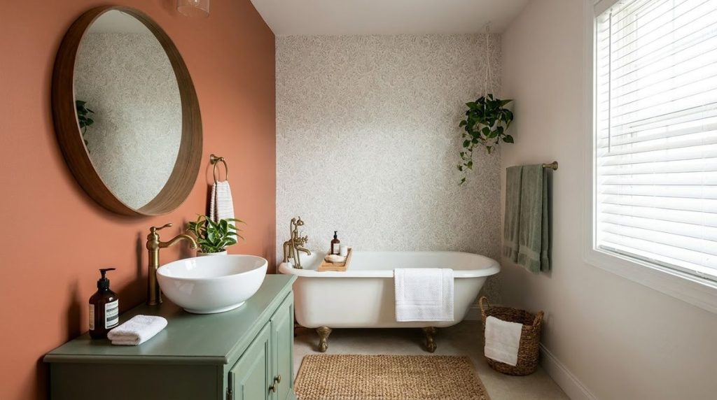 Small bathroom paint color ideas styled for a small apartment or rental home