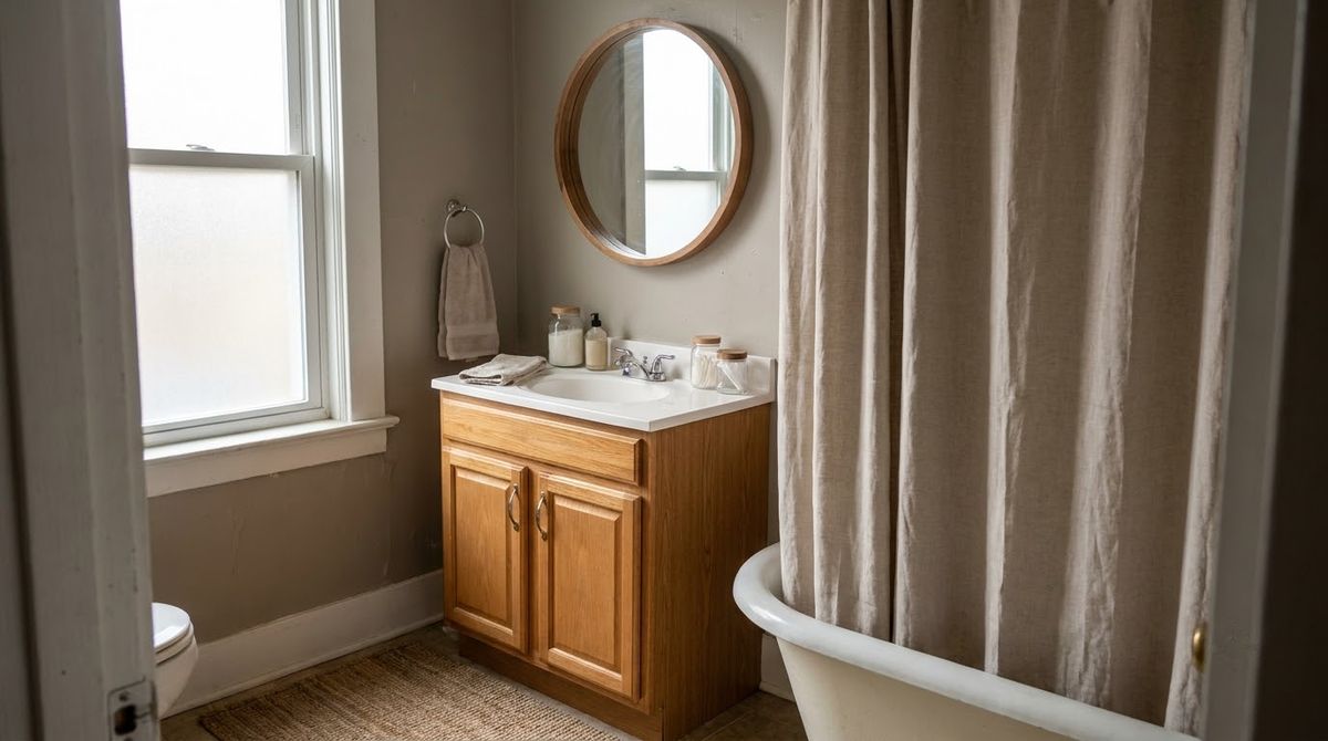 Small bathroom with warm greige painted walls and a light wood vanity