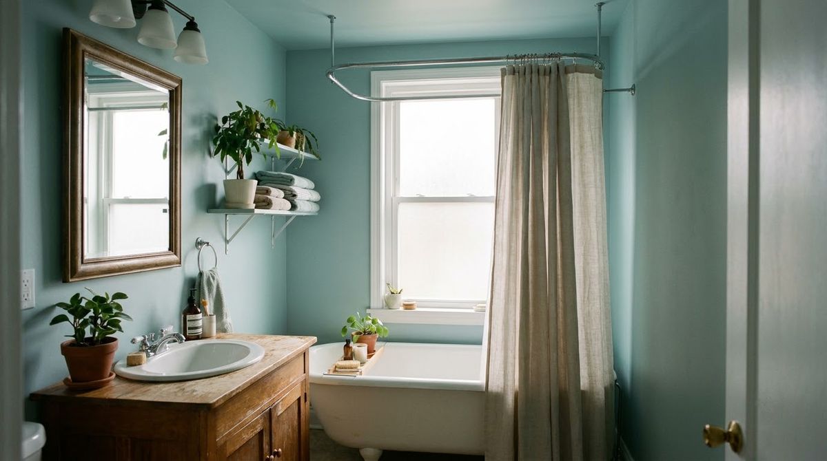 A Soft Blue-Green idea for small bathroom paint color ideas in a small rental