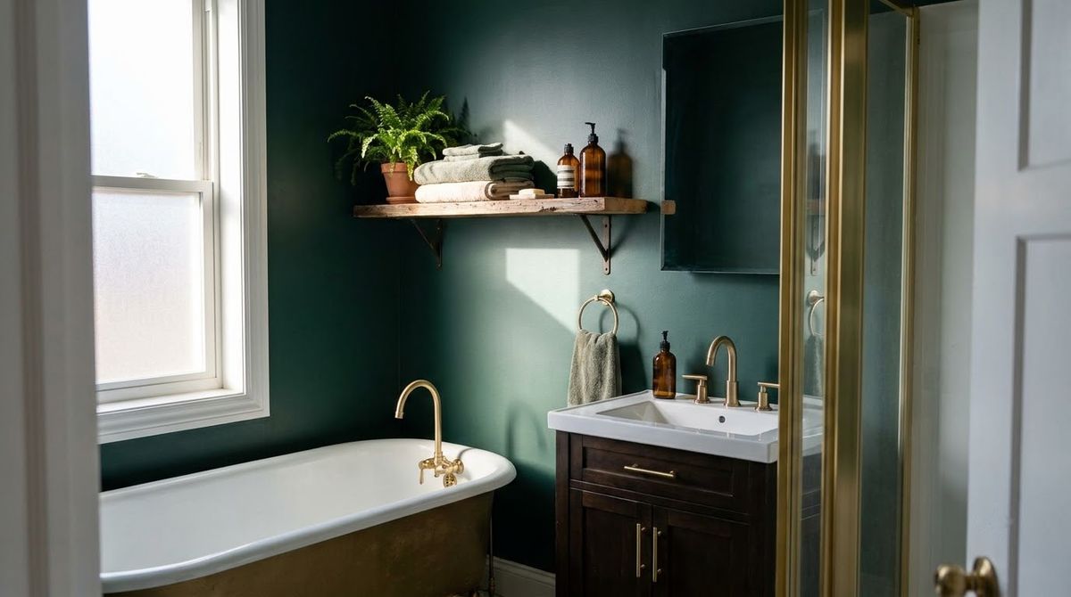 A Forest Green With Brass idea for small bathroom paint color ideas in a small rental