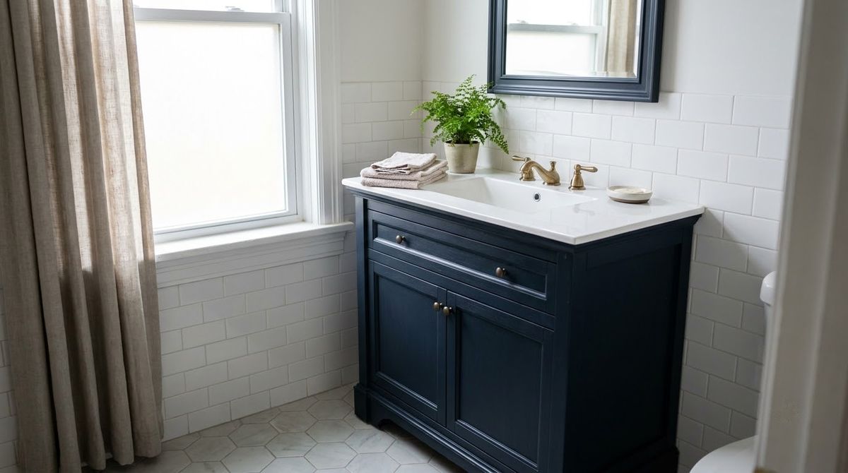 A Dark Vanity, Light Walls idea for small bathroom paint color ideas in a small rental