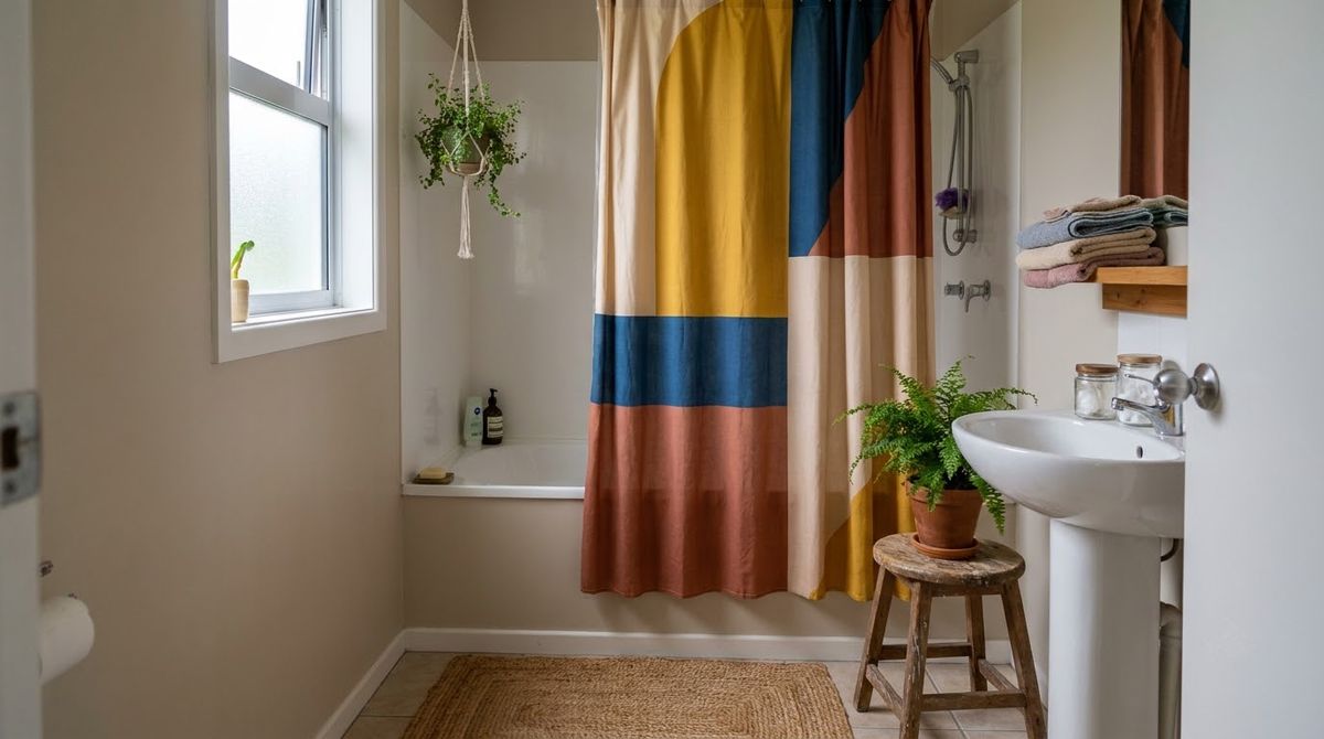A Bold Shower Curtain idea for small bathroom paint color ideas in a small rental