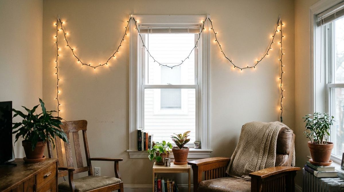 A Single Swag Across the Top idea for christmas window lighted decorations in a small rental