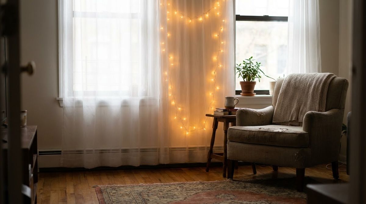 Lights Behind a Sheer Curtain idea for christmas window lighted decorations in a small rental