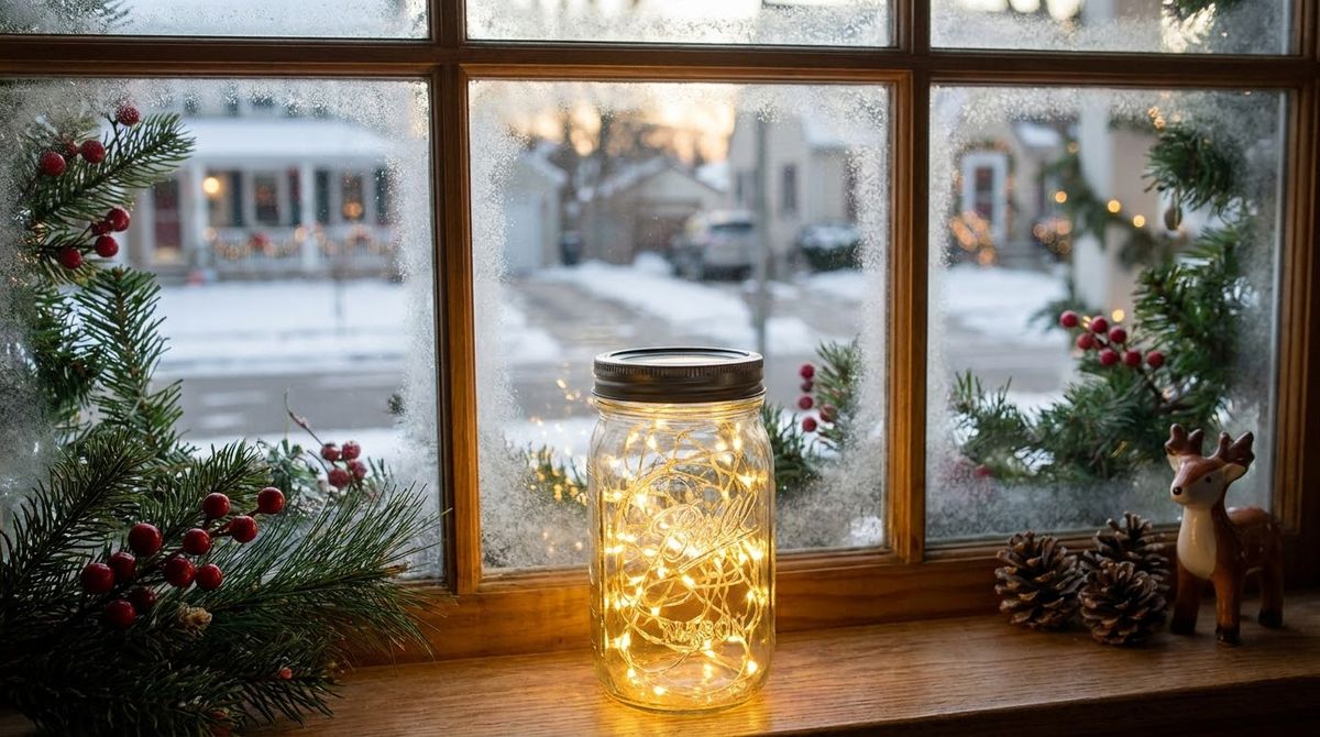 A Jar of String Lights idea for christmas window lighted decorations in a small rental