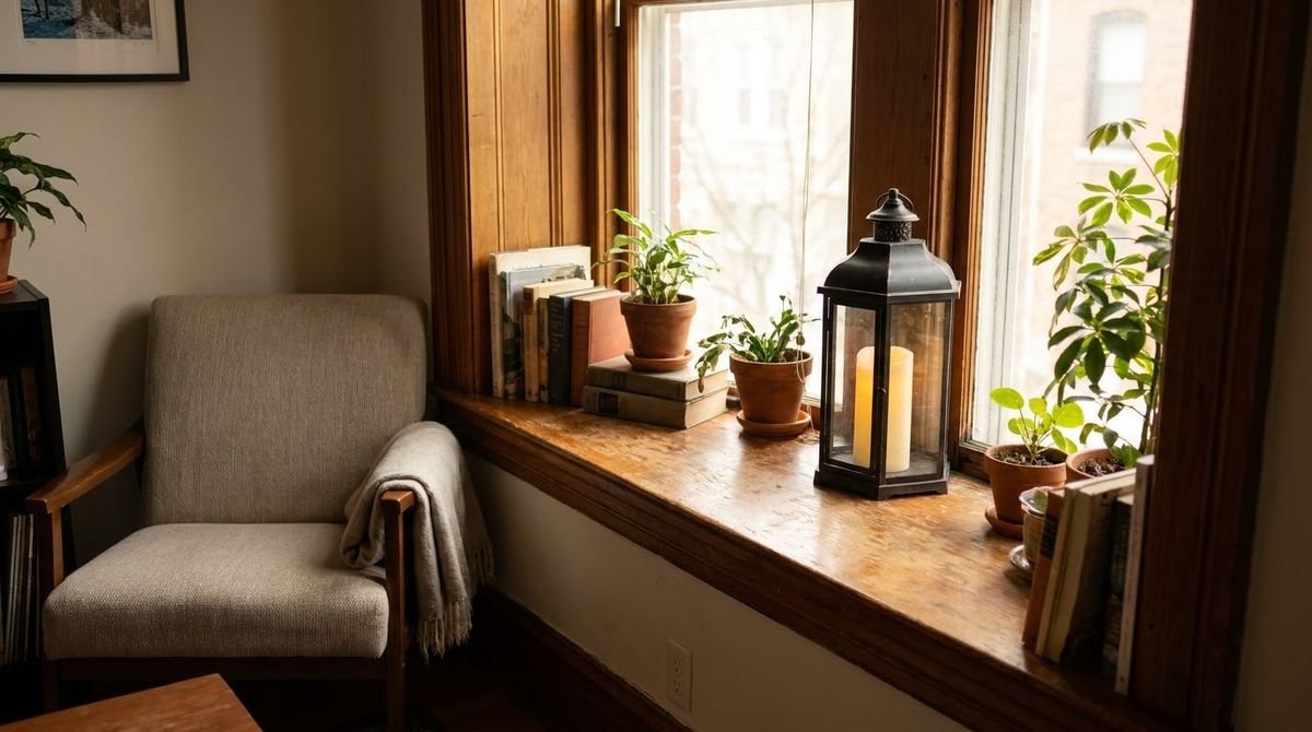 A Candle Lantern on a Deep Sill idea for christmas window lighted decorations