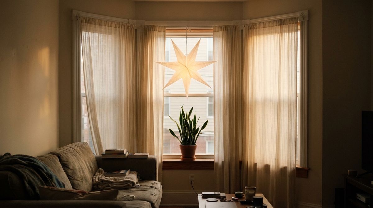 Paper star lantern lit from inside hanging in an apartment window