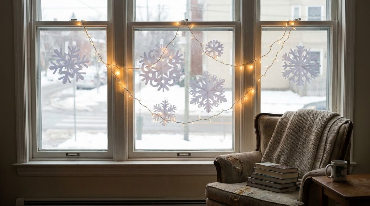 Snowflakes With a String Light Behind Them idea for christmas window lighted decorations