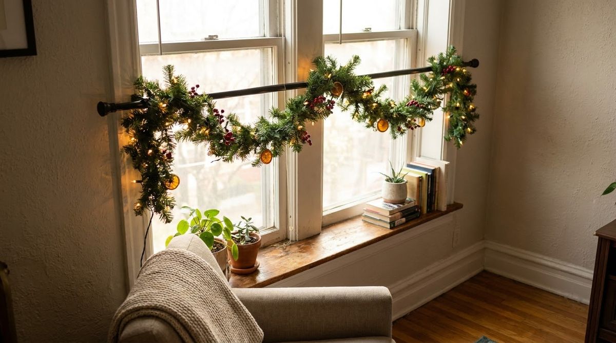Garland and Lights on a Tension Rod idea for christmas window lighted decorations