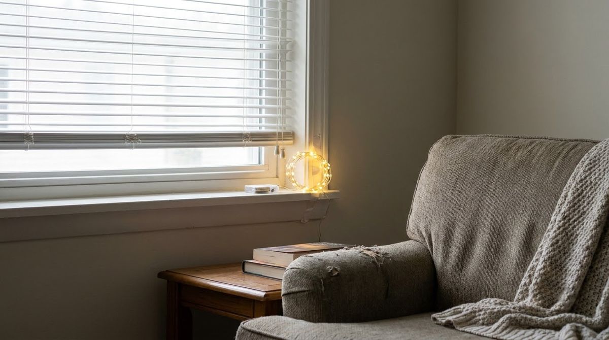 A Short-Wire Setup Beside Blind Cords idea for christmas window lighted decorations in a small rental