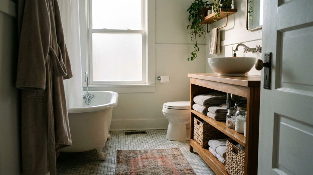 Small master bathroom ideas styled for a small apartment or rental home