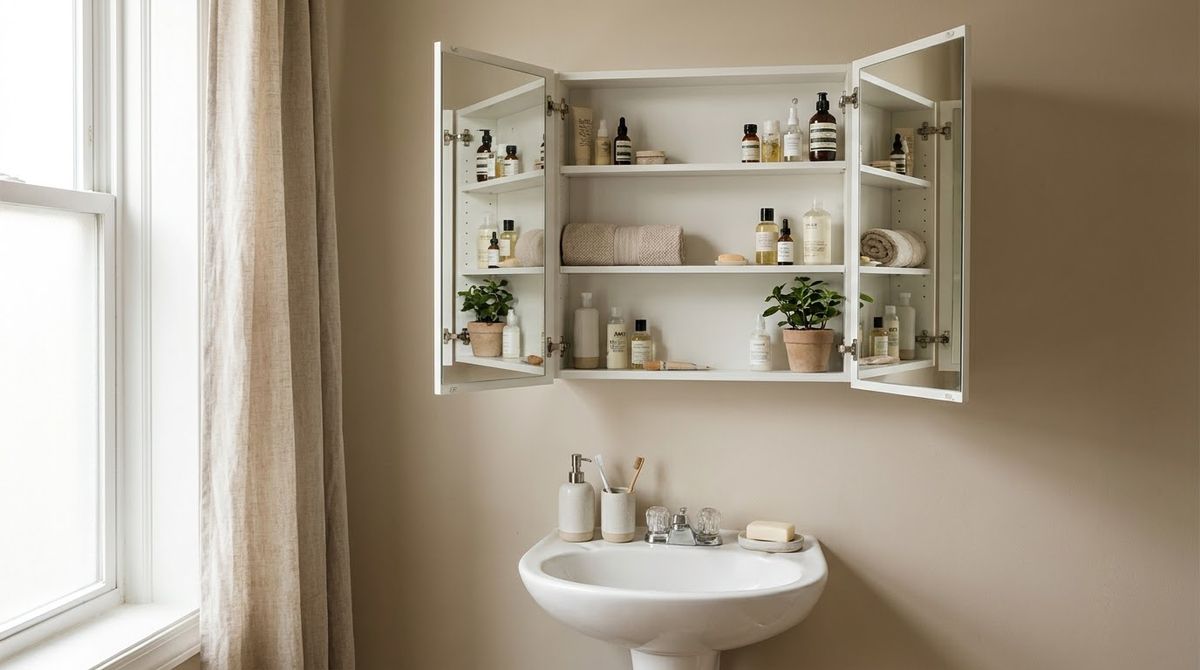 A Shallow Mirror Cabinet Above the Sink idea for small master bathroom ideas