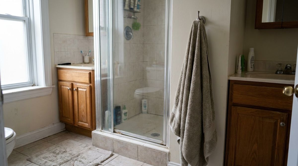 Hooks Where the Towel Gets Used idea for small master bathroom ideas in a small rental