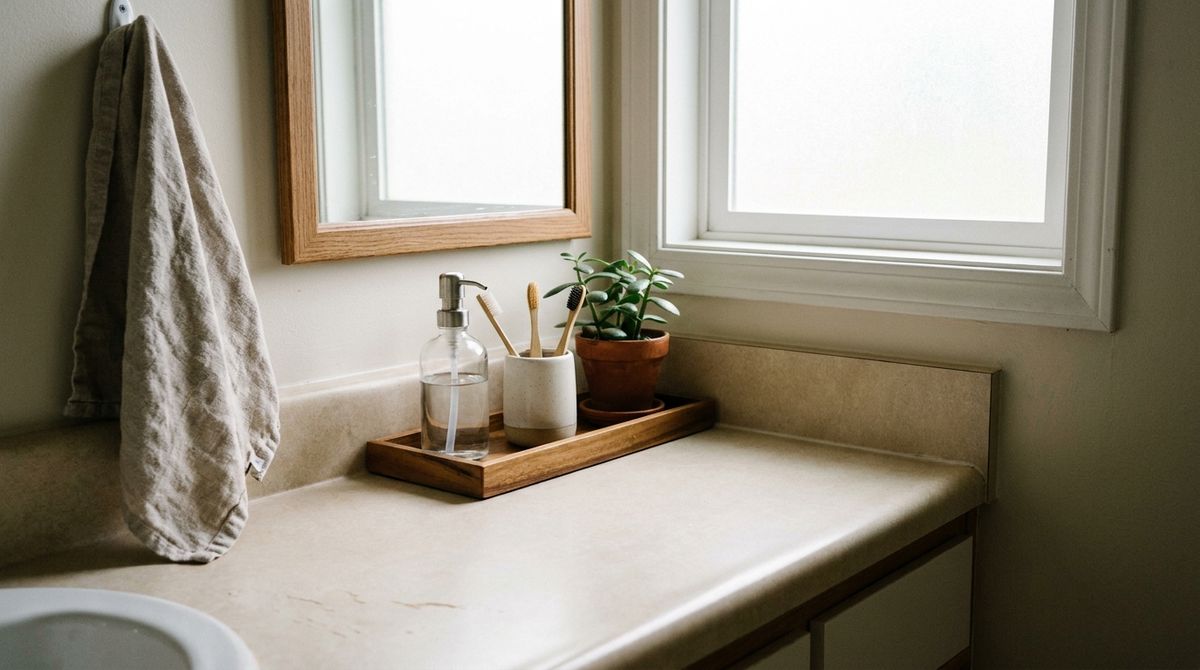 Clear the Counter Down to One Tray idea for small master bathroom ideas