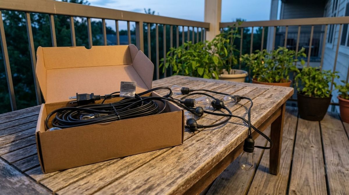 Outdoor string light box and coiled strand on a balcony table