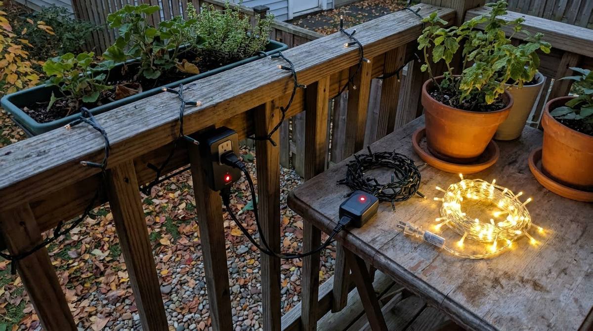 Lights on a Timer, Off at Bedtime idea for apartment balcony christmas decorating ideas