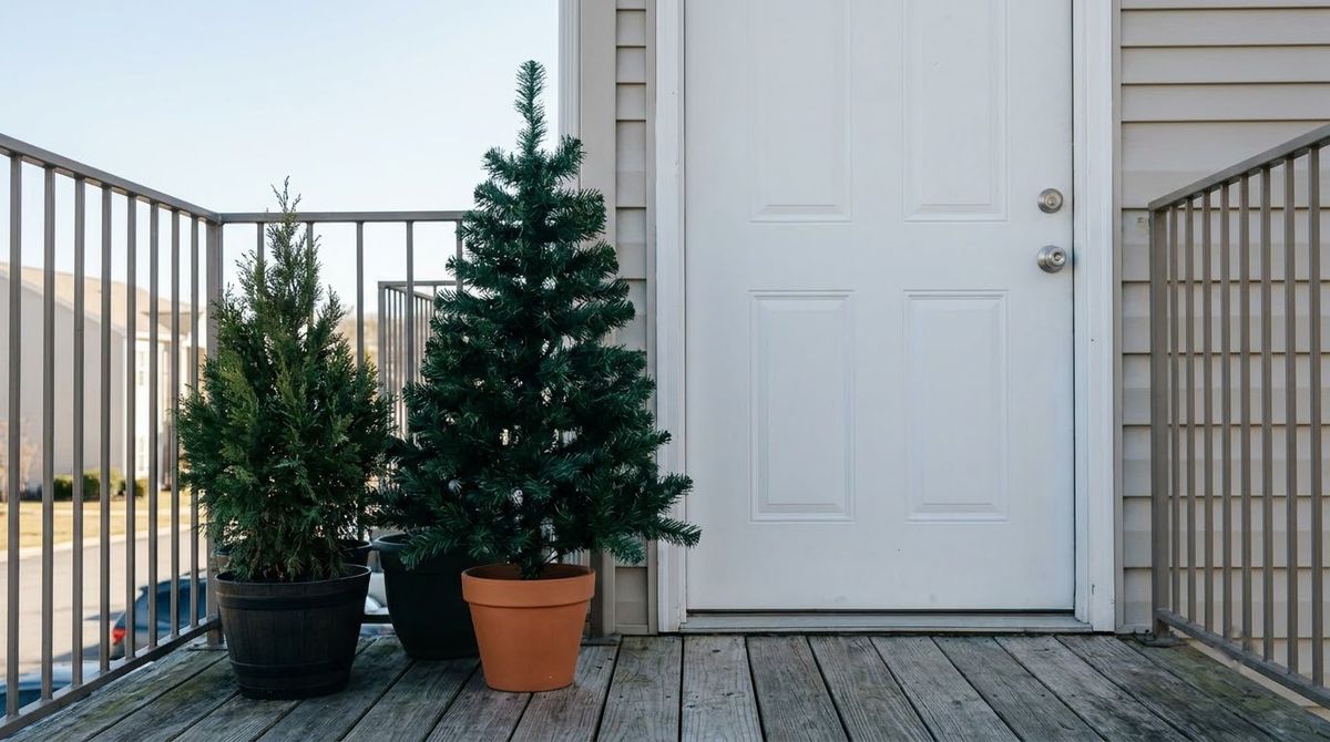 A Pair of Potted Trees Beside the Door idea for apartment balcony christmas decorating ideas