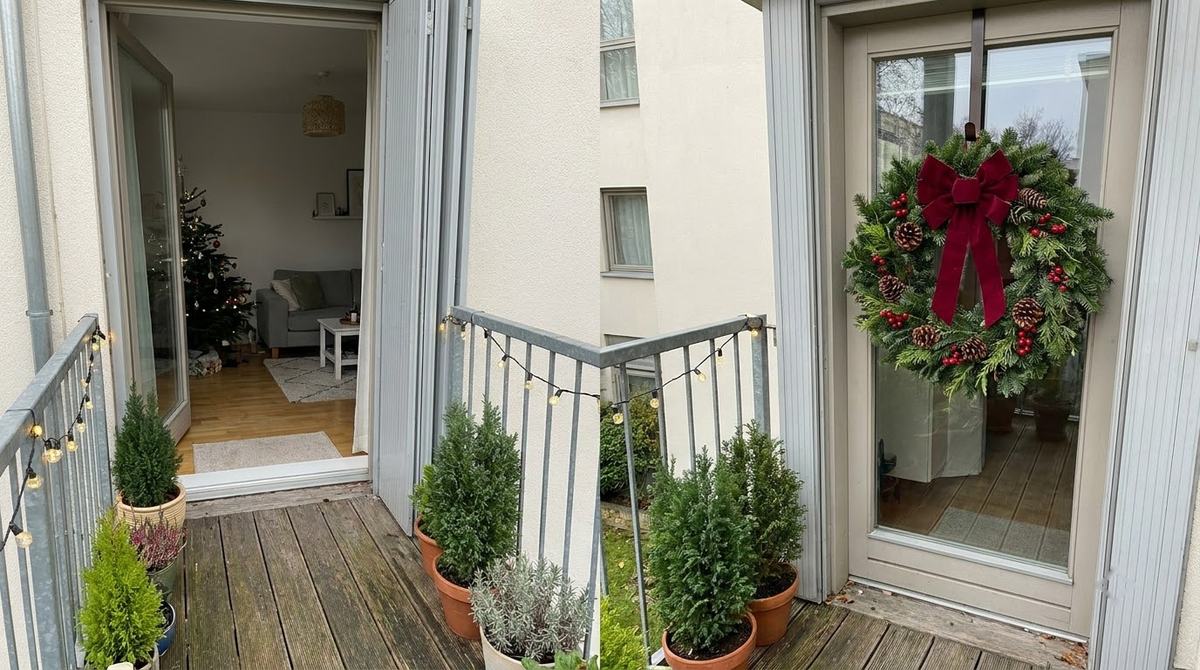 A Wreath on the Balcony Door idea for apartment balcony christmas decorating ideas