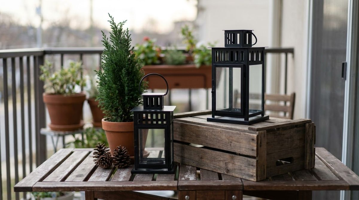Black Lanterns at Two Heights idea for apartment balcony christmas decorating ideas in a small rental