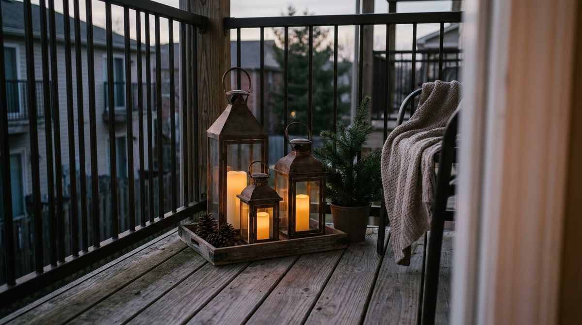A Lantern Cluster on the Floor idea for apartment balcony christmas decorating ideas