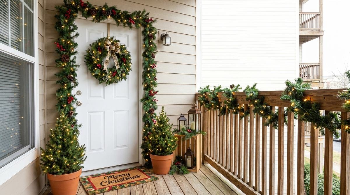 Decorate the Door Side First idea for apartment balcony christmas decorating ideas in a small rental