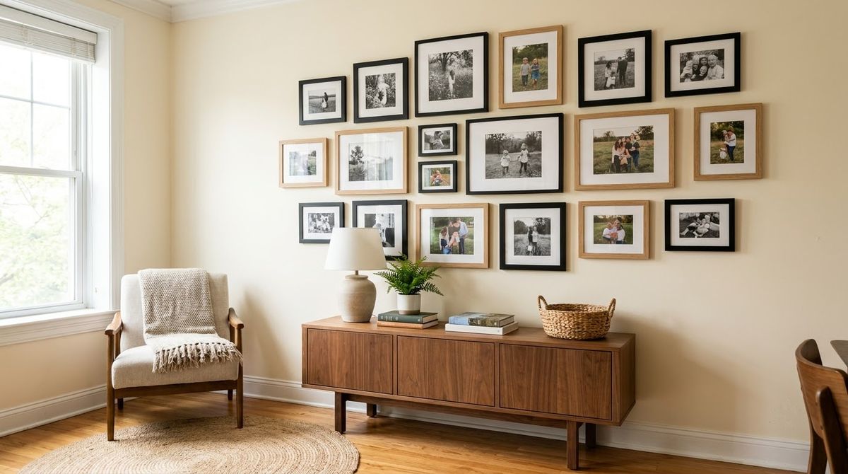 Family photo gallery wall ideas styled for a small apartment or rental home Family photo gallery wall ideas styled for a small apartment or rental home