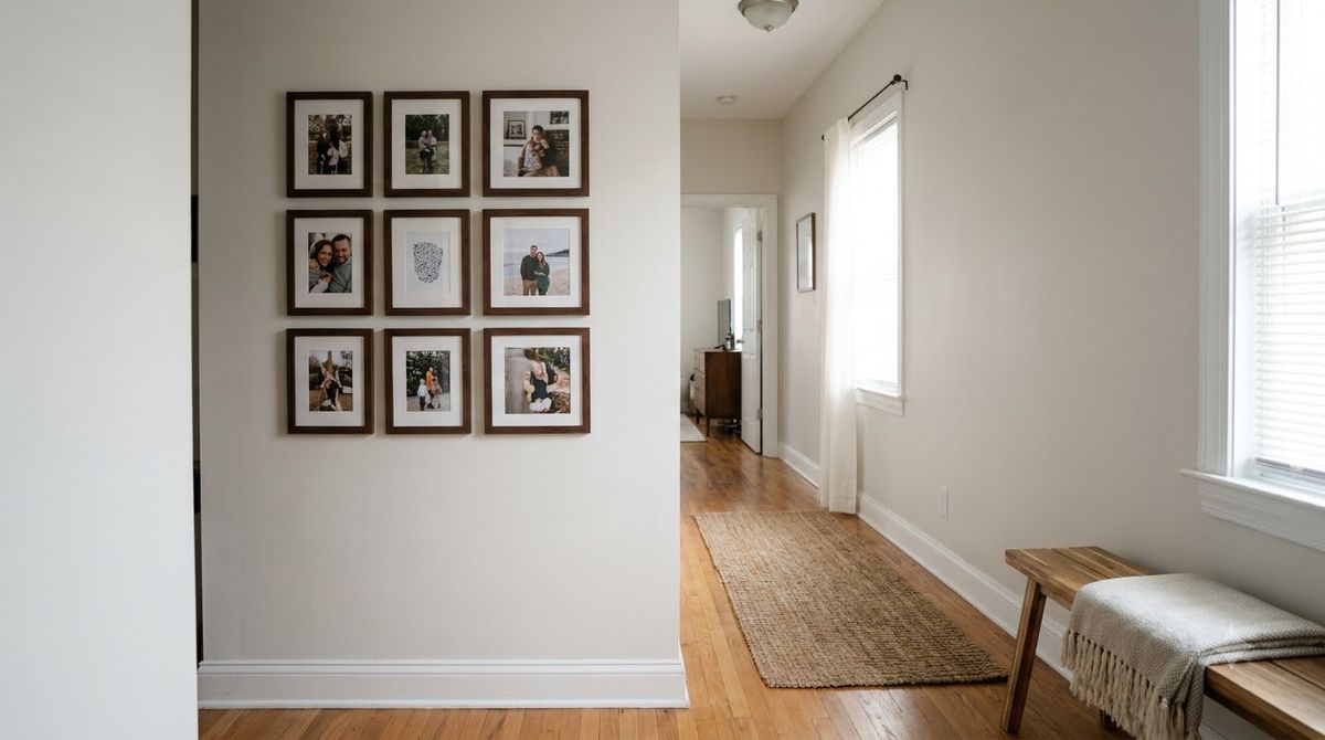 Nine Small Frames in a 3x3 Hallway Grid idea for family photo gallery wall Nine Small Frames in a 3x3 Hallway Grid idea for family photo gallery wall
