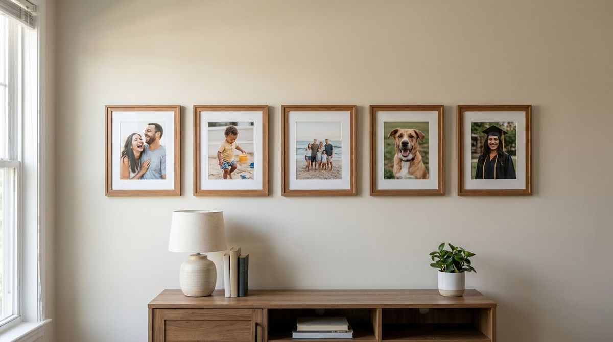 One Straight Row at Eye Level idea for family photo gallery wall in a small rental One Straight Row at Eye Level idea for family photo gallery wall in a small rental