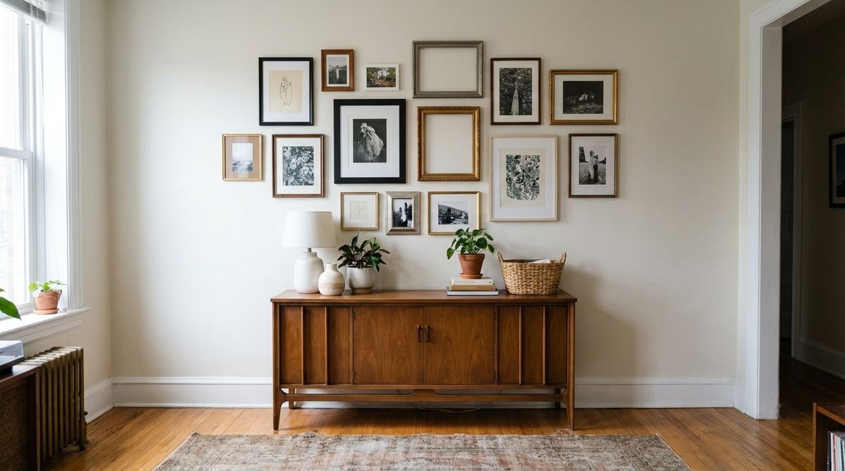 A Salon Wall Above a Dresser idea for family photo gallery wall in a small rental A Salon Wall Above a Dresser idea for family photo gallery wall in a small rental