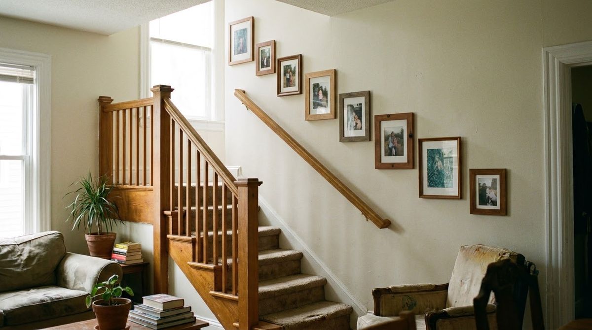 A Diagonal That Follows the Stairs idea for family photo gallery wall in a small rental A Diagonal That Follows the Stairs idea for family photo gallery wall in a small rental