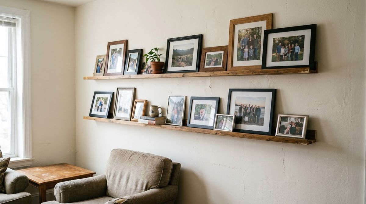 A Pair of Picture Ledges idea for family photo gallery wall in a small rental A Pair of Picture Ledges idea for family photo gallery wall in a small rental