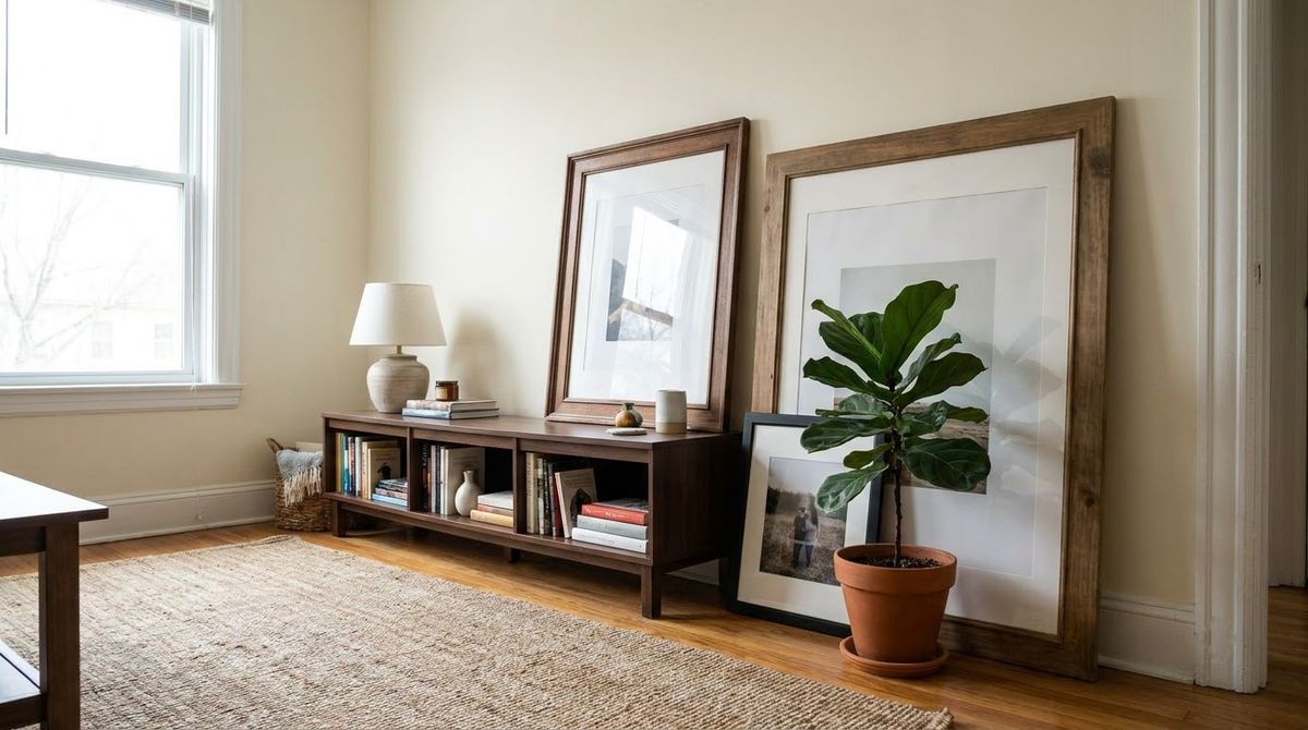 Large Frames Leaning on the Floor idea for family photo gallery wall in a small rental Large Frames Leaning on the Floor idea for family photo gallery wall in a small rental