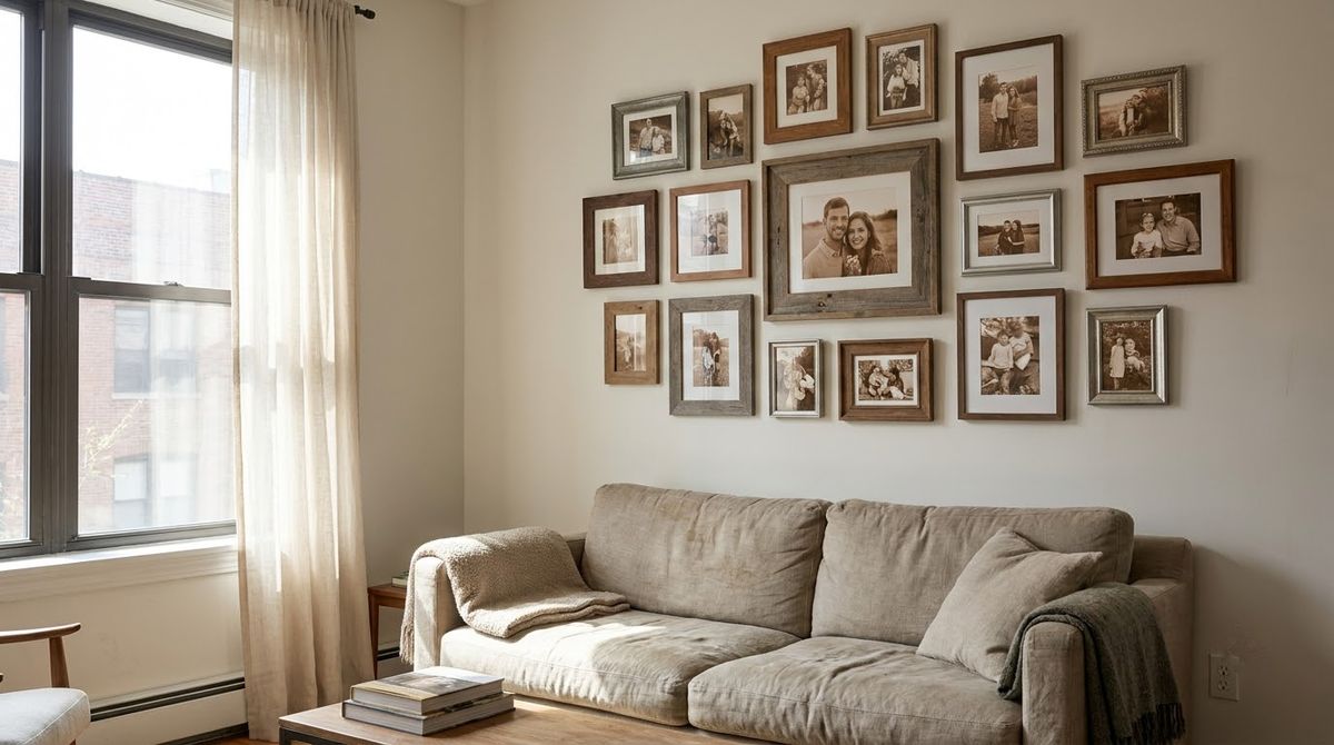 One Photo Tone Across Mixed Snapshots idea for family photo gallery wall in a small rental One Photo Tone Across Mixed Snapshots idea for family photo gallery wall in a small rental